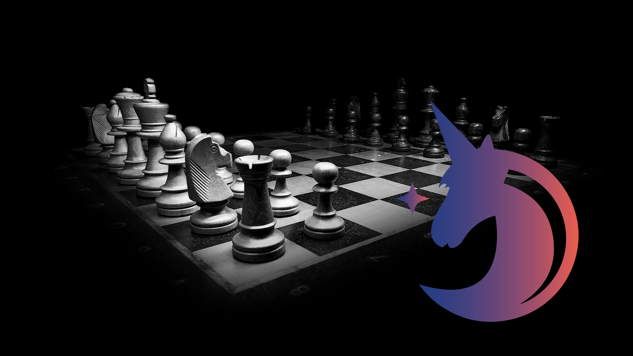 Eine 3D-Animation eines Schachbretts mit den Spielfiguren, davor das DiB Einhorn Logo in DiB-Farbverlauf